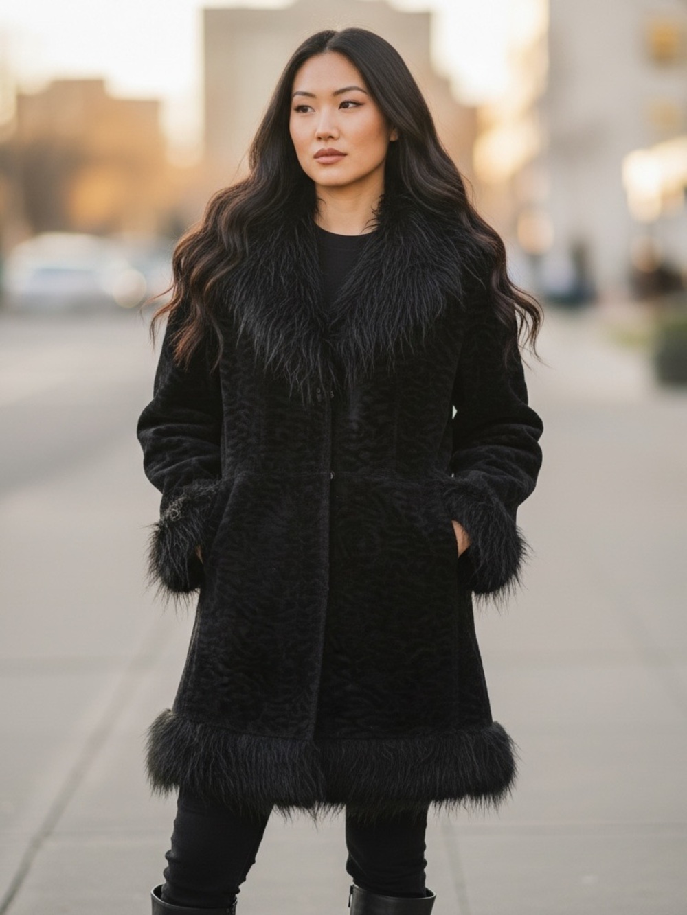 Giacca Y2K Black Faux-Fur Trim Textured Dress Coat Furry Collar Hem Cuffs Sz XL